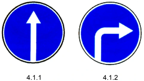 4.1.1 "Движение прямо", 4.1.2 "Движение направо", 4.1.3 "Движение налево", 4.1.4 "Движение прямо или направо", 4.1.5 "Движение прямо или налево", 4.1.6 "Движение направо или налево". Разрешается движение только в направлениях, указанных на